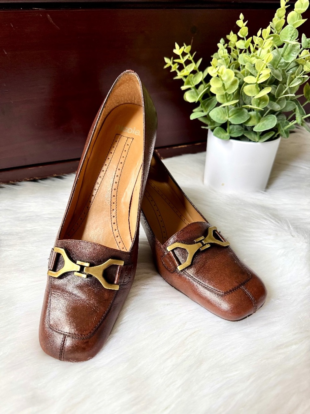 Quiet Luxury Brown Leather Square Toe Career Heels 90s Style